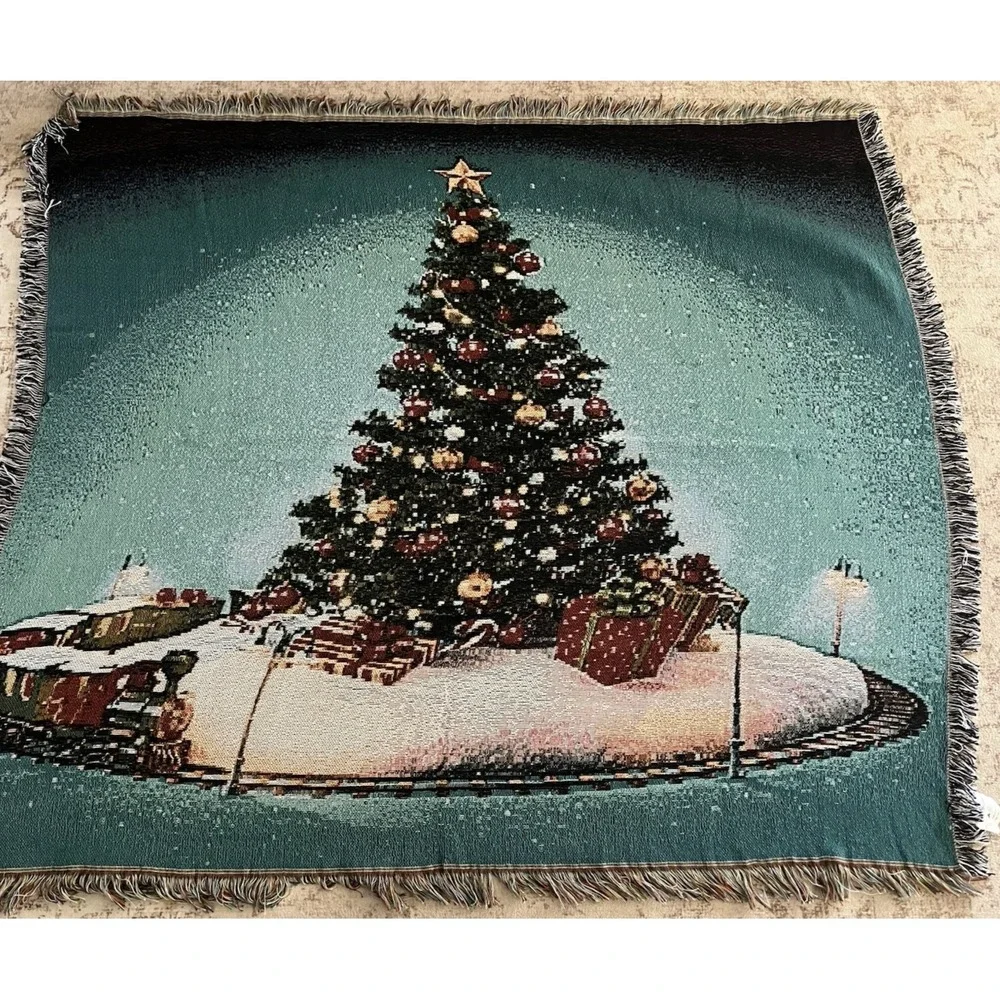 Christmas Tree Tapestry Throw Blanket Holiday Train Blue Green 58